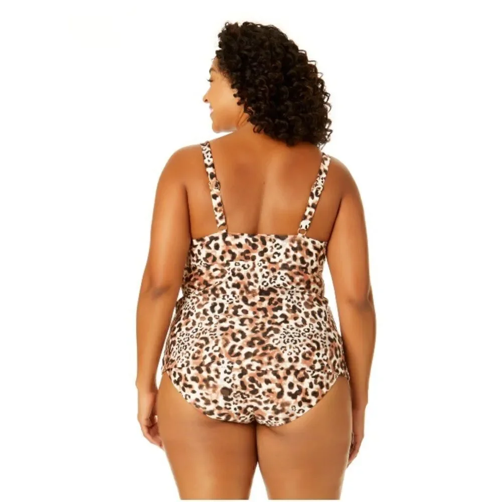 Leopard Print Knit Tankini Top & High Waist Bikini Bottoms Swimsuit Size 3X